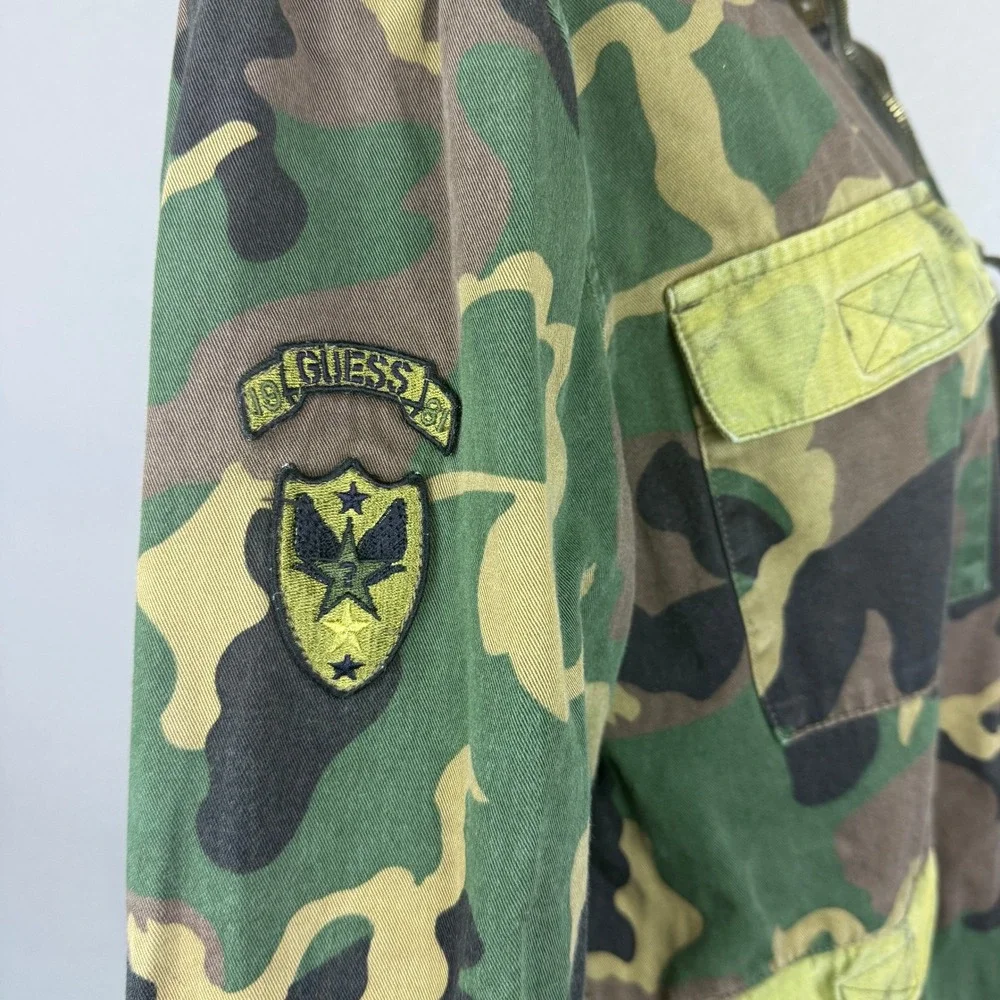 Vtg Guess Jeans Camouflage Military Jacket Women's Patches Green Brown Zipper - Picture 4 of 8